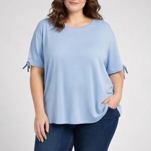 NWOT MONTON Stretch Jersey Top XXL Preppy Light Blue Tie Sleeve Soft Viscose Tee